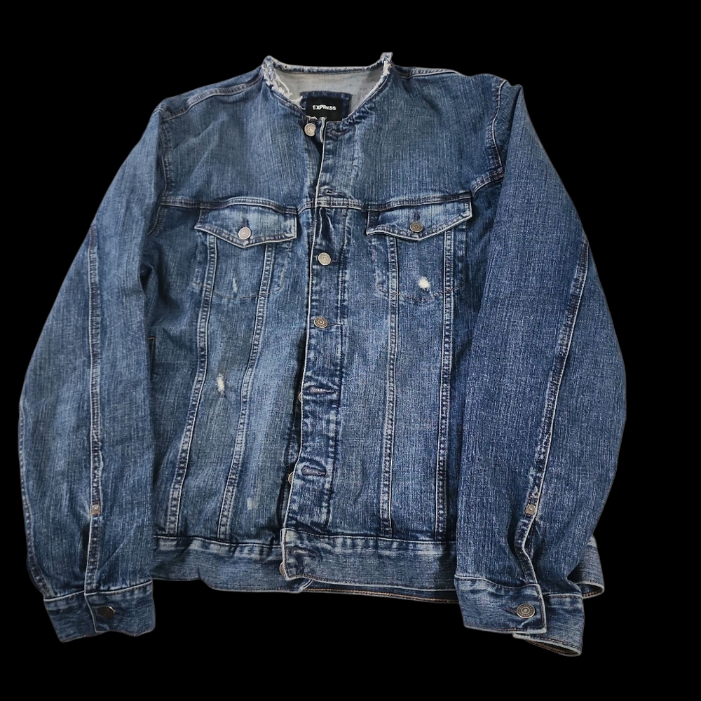 Express Blue Denim Distressed Collarless Plus Size Trucker Jacket XXL